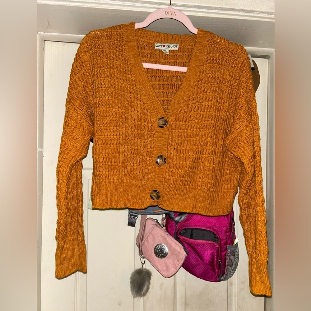Orange Chunky Knit Cropped Cardigan Sweater